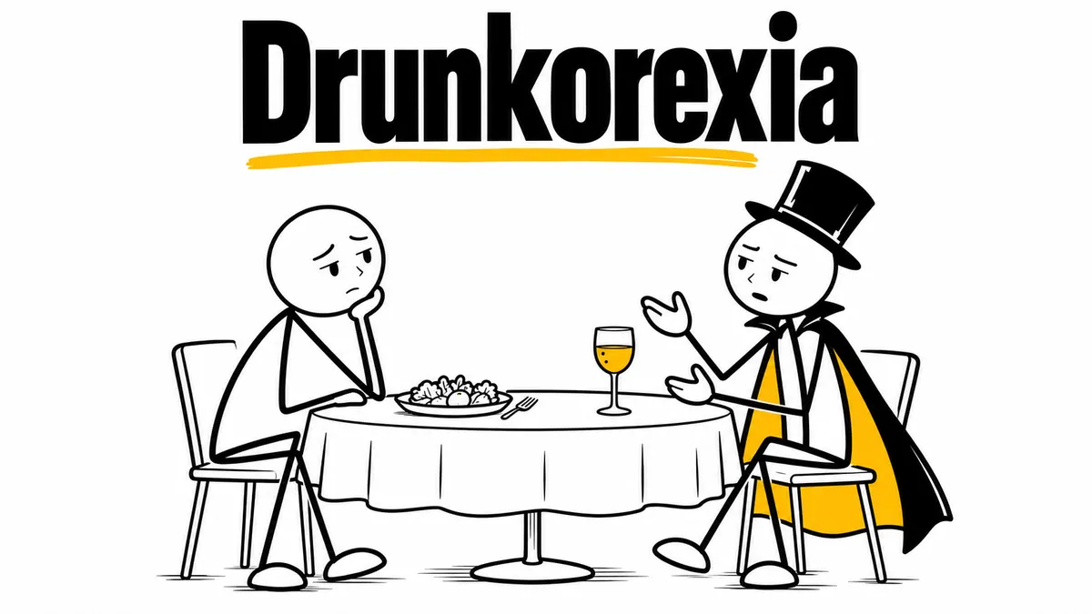 Ilustración sobre «Drunkorexia» con el personaje de sombrero de copa y capa.