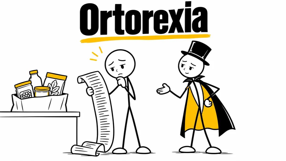 Ilustración sobre «Ortorexia» con el personaje de sombrero de copa y capa.