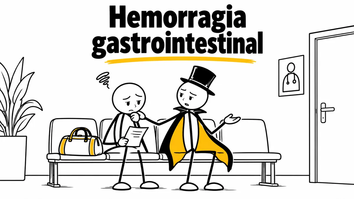 Ilustración sobre «Hemorragia gastrointestinal» con el personaje de sombrero de copa y capa.