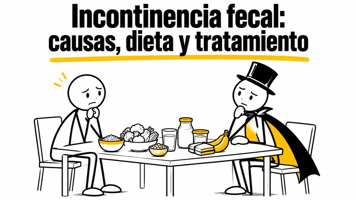 Ilustración sobre «Incontinencia fecal: causas, dieta y tratamiento» con el personaje de sombrero de copa y capa.