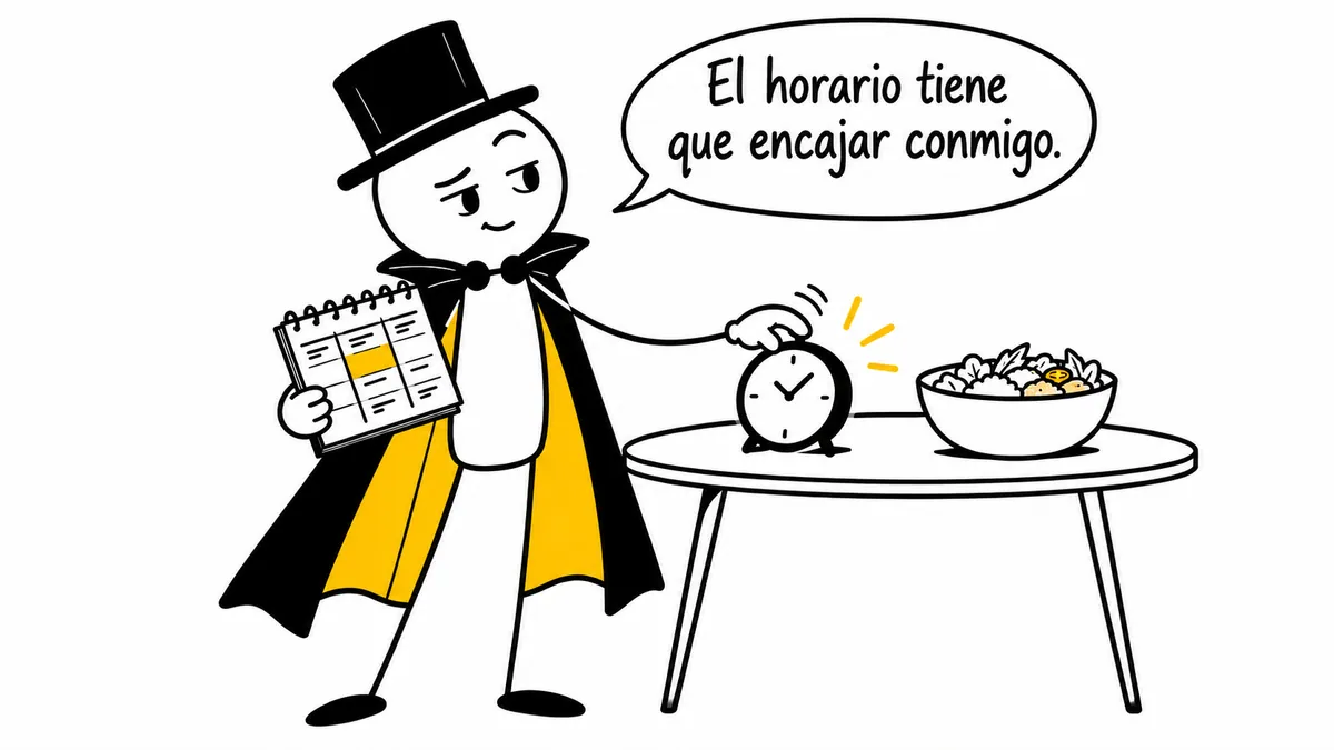 El personaje organiza su agenda junto a un reloj y un bol: «El horario tiene que encajar conmigo».