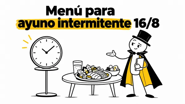 Personaje con una libreta junto a un reloj y un plato de comida.