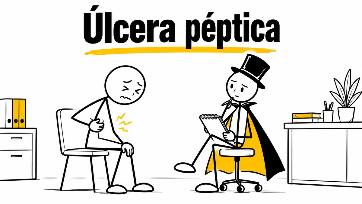 Ilustración sobre «Úlcera péptica» con el personaje de sombrero de copa y capa.
