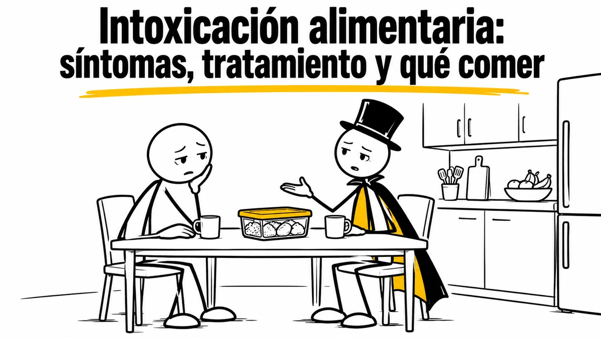 Ilustración sobre «Intoxicación alimentaria: síntomas, tratamiento y qué comer» con el personaje de sombrero de copa y capa.