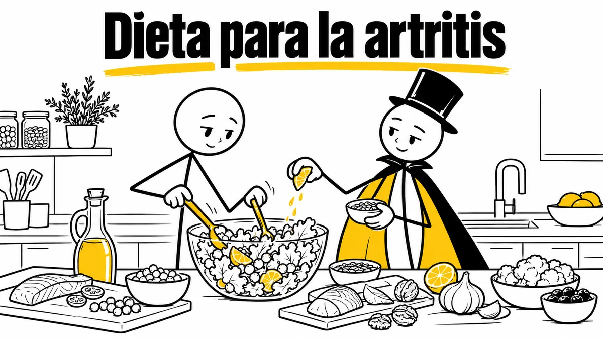 Ilustración sobre «Dieta para la artritis» con el personaje de sombrero de copa y capa.