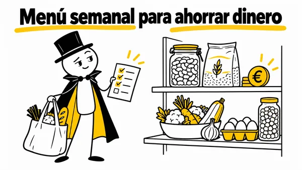 Personaje con bolsa y lista de compra junto a una despensa de alimentos básicos.