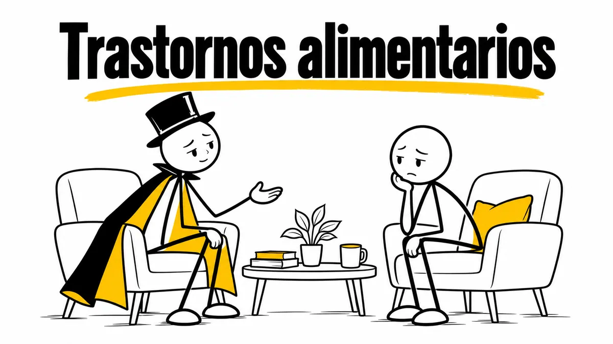 Ilustración sobre «Trastornos alimentarios» con el personaje de sombrero de copa y capa.