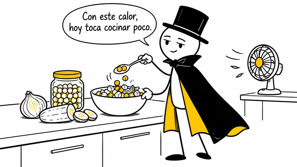 El personaje prepara un bol junto a un ventilador: «Con este calor, hoy toca cocinar poco.»