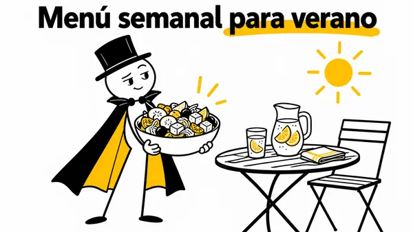 Personaje con un bol de ensalada junto a una mesa de verano.