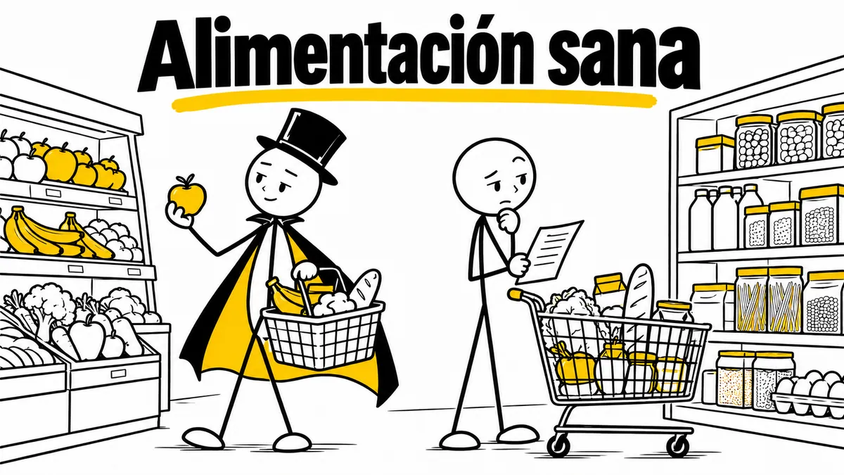 Ilustración sobre «Alimentación sana» con el personaje de sombrero de copa y capa.