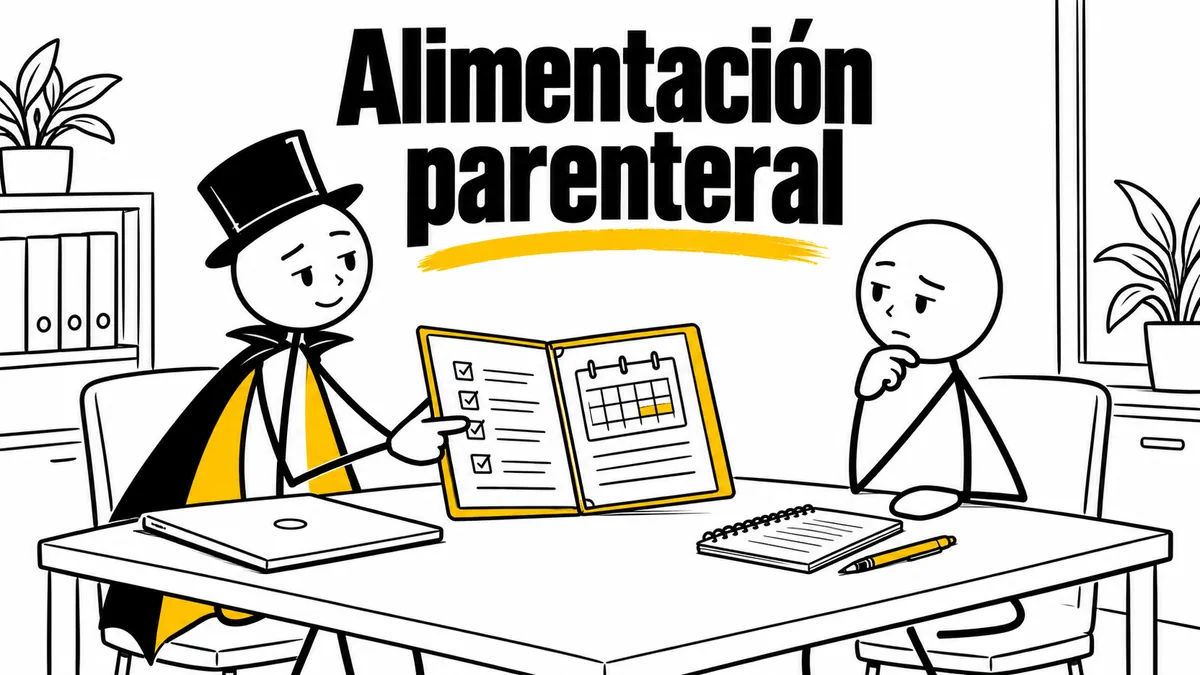 Ilustración sobre «Alimentación parenteral» con el personaje de sombrero de copa y capa.
