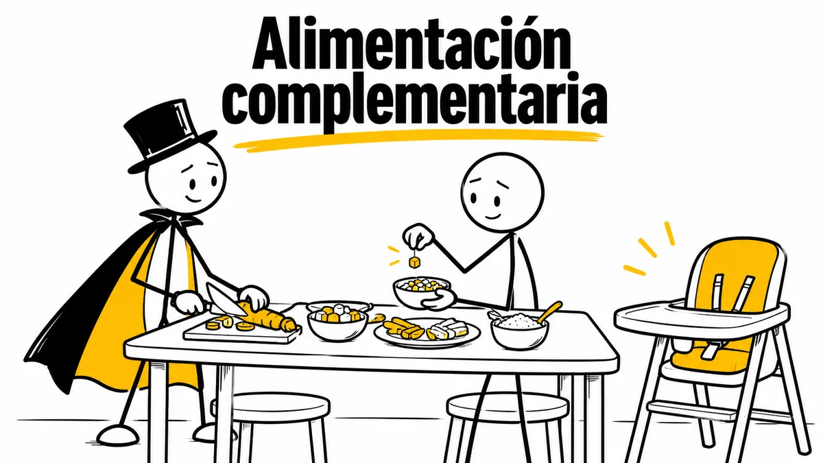 Ilustración sobre «Alimentación complementaria» con el personaje de sombrero de copa y capa.