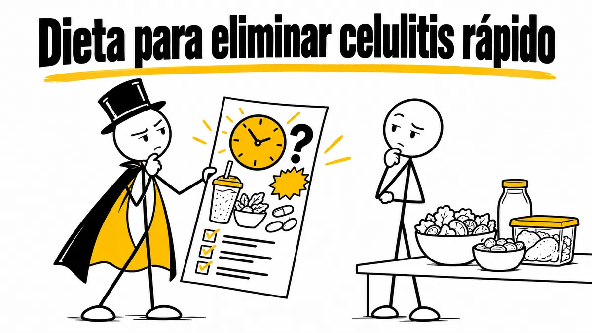 Ilustración sobre «Dieta para eliminar celulitis rápido» con el personaje de sombrero de copa y capa.