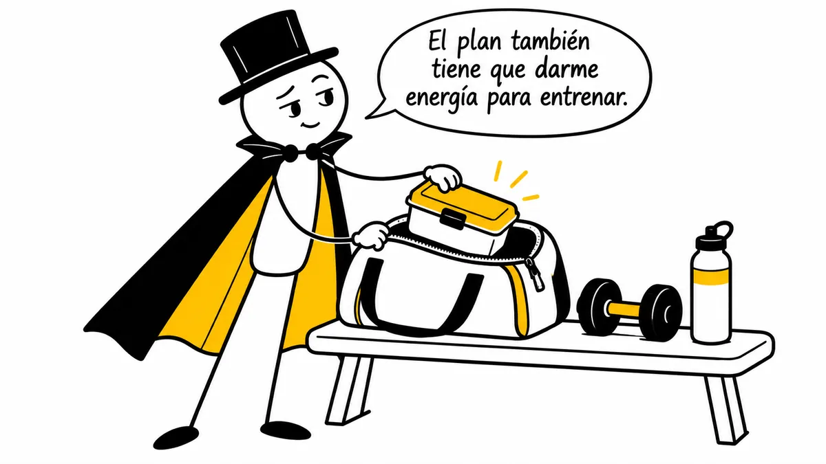 El personaje prepara su bolsa de entrenamiento: «El plan también tiene que darme energía para entrenar.»