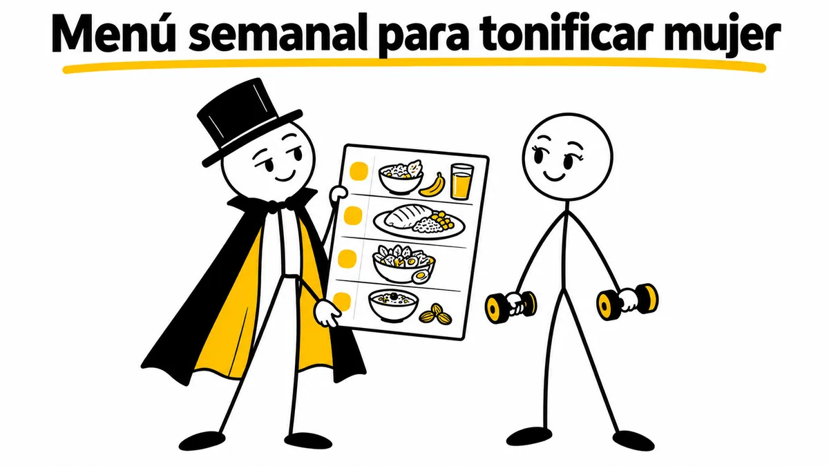 Personaje con un plan de comidas junto a una mujer con mancuernas.