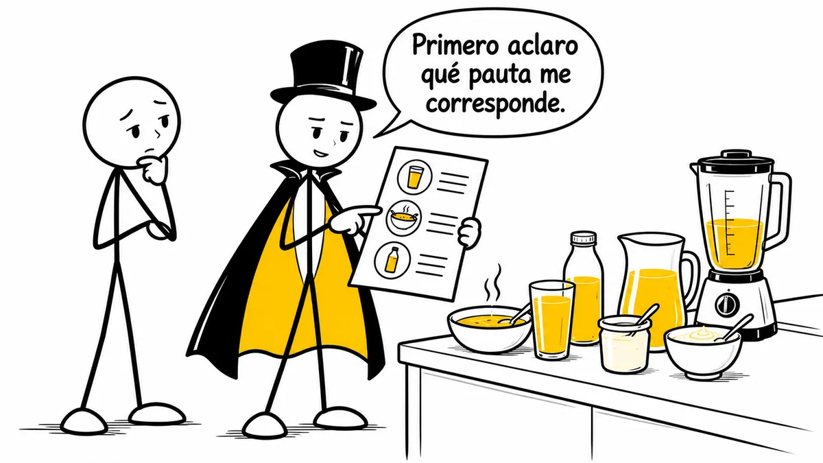 Viñeta sobre «Dieta líquida: qué comer, tipos y menú de 7 días (+ PDF)»: «Primero aclaro qué pauta me corresponde.».