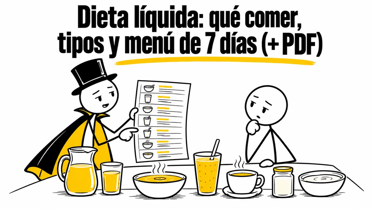Ilustración sobre «Dieta líquida: qué comer, tipos y menú de 7 días (+ PDF)» con el personaje de sombrero de copa y capa.
