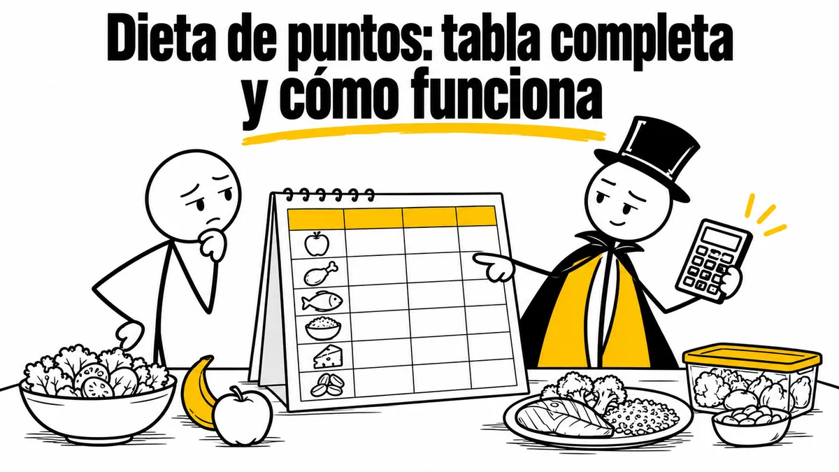 Ilustración sobre «Dieta de puntos: tabla completa y cómo funciona» con el personaje de sombrero de copa y capa.