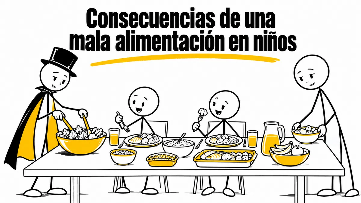 Ilustración sobre «Consecuencias de una mala alimentación en niños» con el personaje de sombrero de copa y capa.