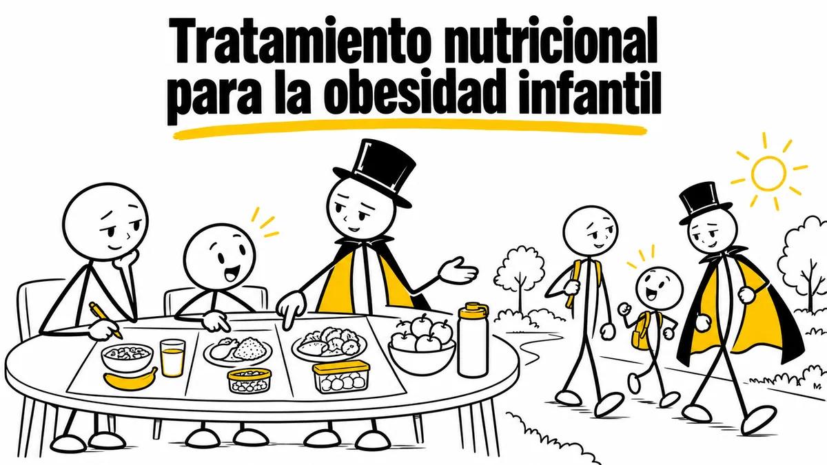 Ilustración sobre «Tratamiento nutricional para la obesidad infantil» con el personaje de sombrero de copa y capa.