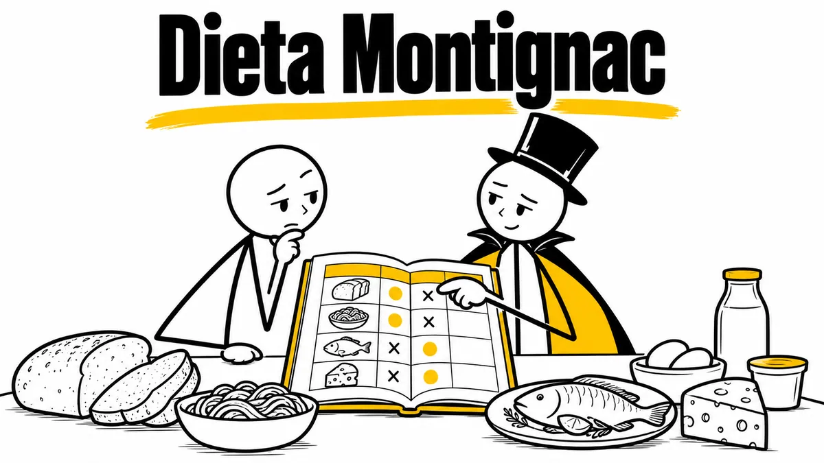 Ilustración sobre «Dieta Montignac» con el personaje de sombrero de copa y capa.