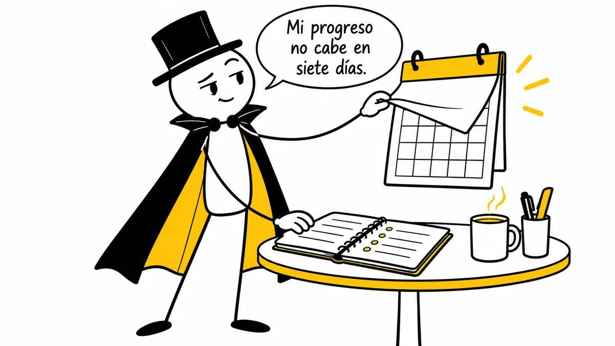 El personaje pasa la hoja del calendario: «Mi progreso no cabe en siete días.»