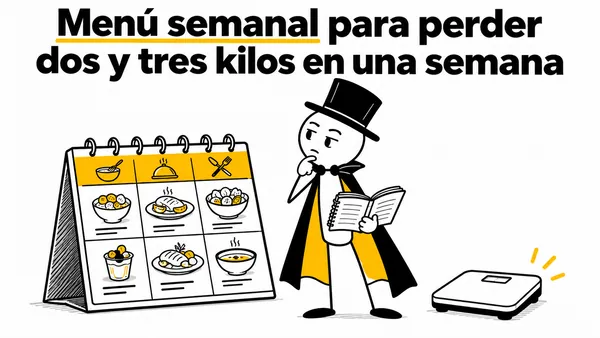 Personaje pensativo junto a un calendario de comidas y una báscula sin cifras.
