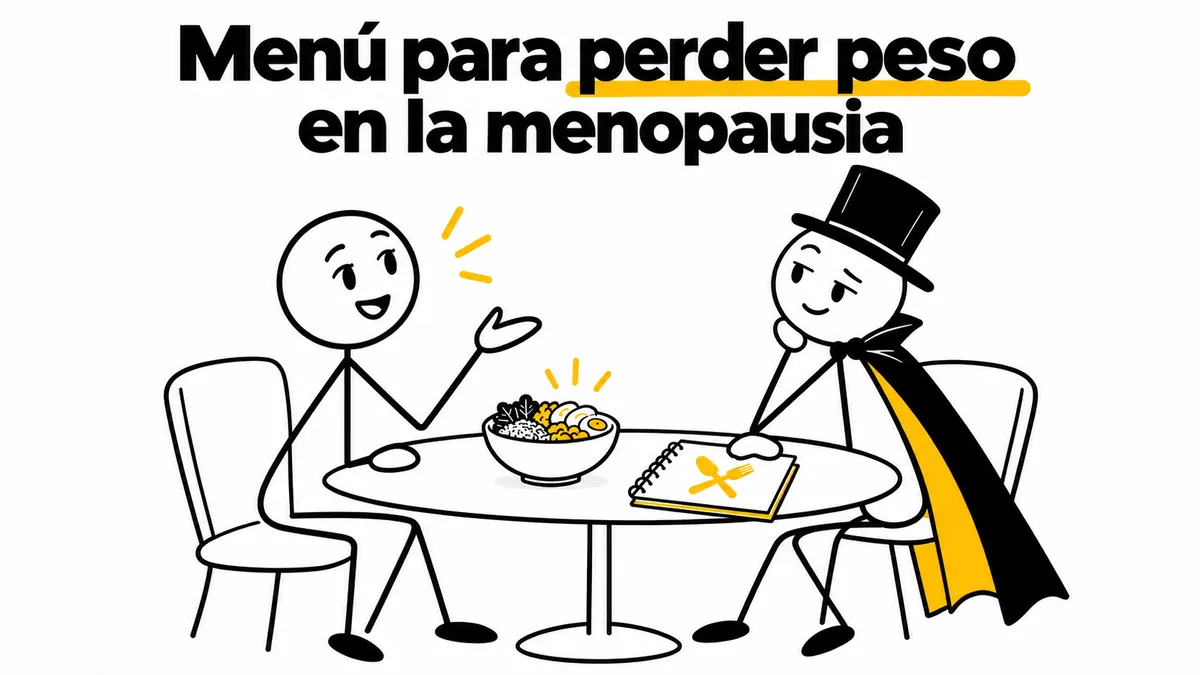 Personaje que escucha a una mujer junto a una mesa con un plan de comidas.