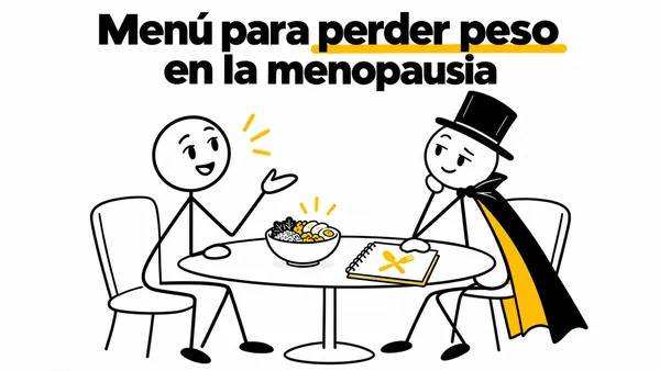Personaje que escucha a una mujer junto a una mesa con un plan de comidas.