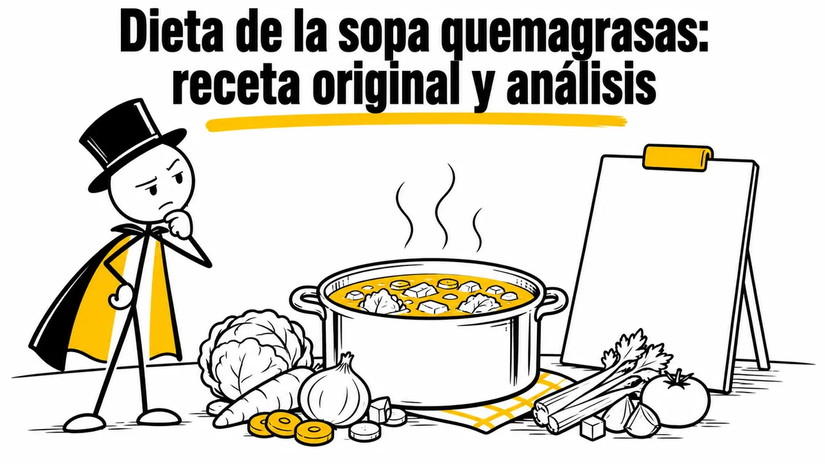 Ilustración sobre «Dieta de la sopa quemagrasas: receta original y análisis» con el personaje de sombrero de copa y capa.