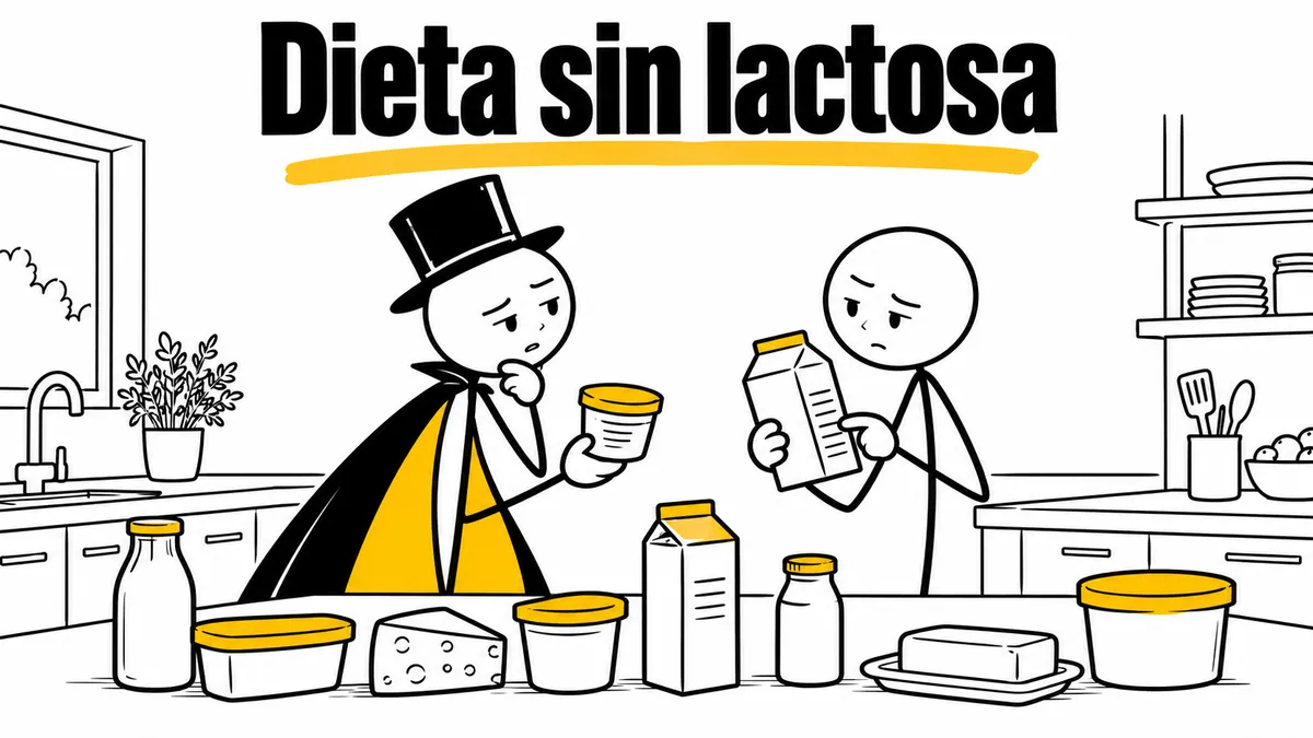 Ilustración sobre «Dieta sin lactosa» con el personaje de sombrero de copa y capa.