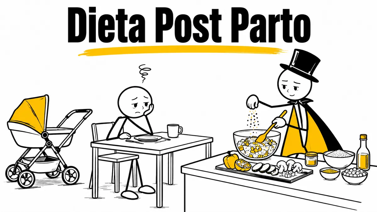 Ilustración sobre «Dieta Post Parto» con el personaje de sombrero de copa y capa.