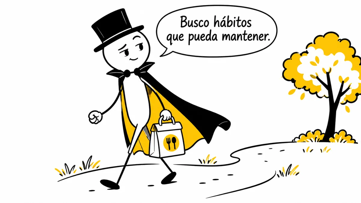 El personaje pasea con una bolsa de comida: «Busco hábitos que pueda mantener.»