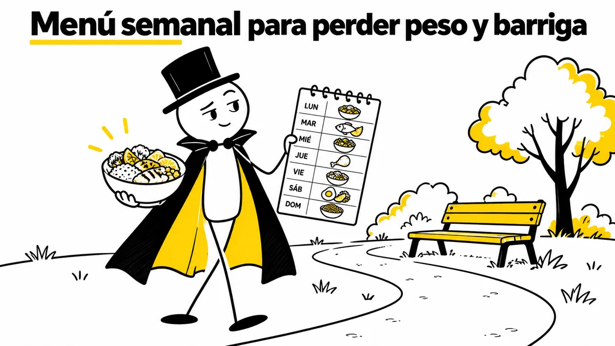Personaje con un plan de comidas y un bol junto a un sendero.