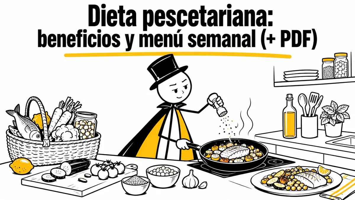 Ilustración sobre «Dieta pescetariana: beneficios y menú semanal (+ PDF)» con el personaje de sombrero de copa y capa.