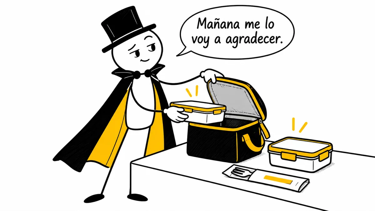 El personaje guarda un recipiente en una bolsa térmica: «Mañana me lo voy a agradecer.»