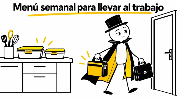 Personaje que sale hacia el trabajo con una bolsa térmica y un maletín.