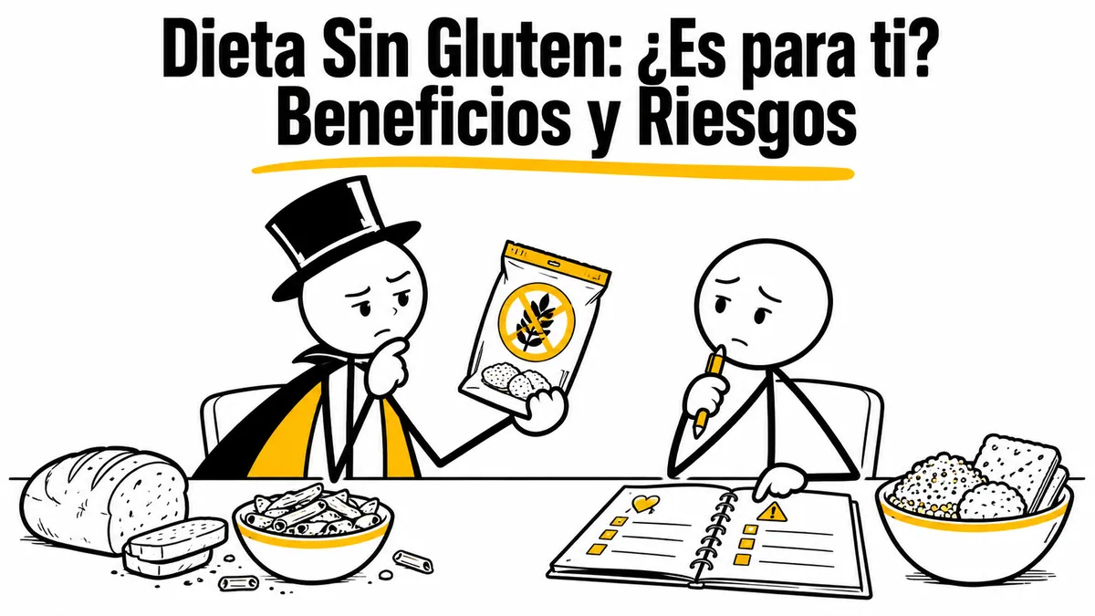 Ilustración sobre «Dieta Sin Gluten: ¿Es para ti? Beneficios y Riesgos» con el personaje de sombrero de copa y capa.