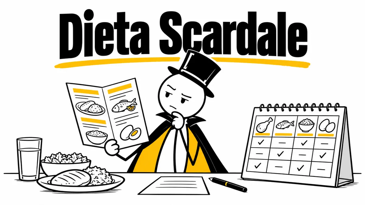 Ilustración sobre «Dieta Scardale» con el personaje de sombrero de copa y capa.