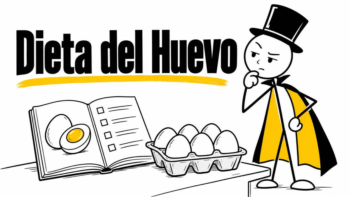 Ilustración sobre «Dieta del Huevo» con el personaje de sombrero de copa y capa.