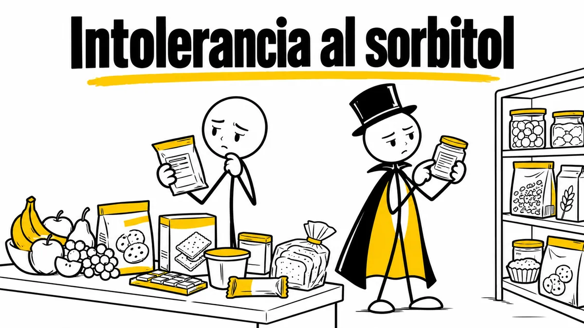 Ilustración sobre «Intolerancia al sorbitol» con el personaje de sombrero de copa y capa.