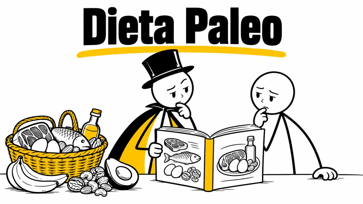 Ilustración sobre «Dieta Paleo» con el personaje de sombrero de copa y capa.