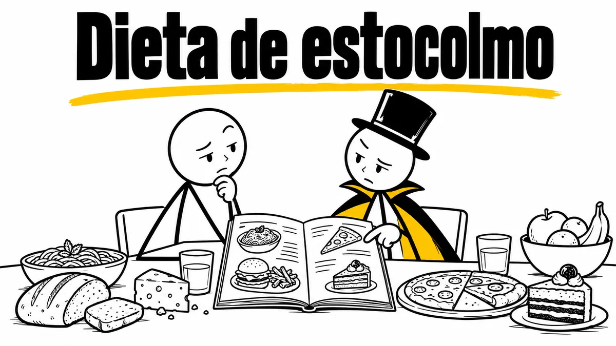 Ilustración sobre «Dieta de estocolmo» con el personaje de sombrero de copa y capa.