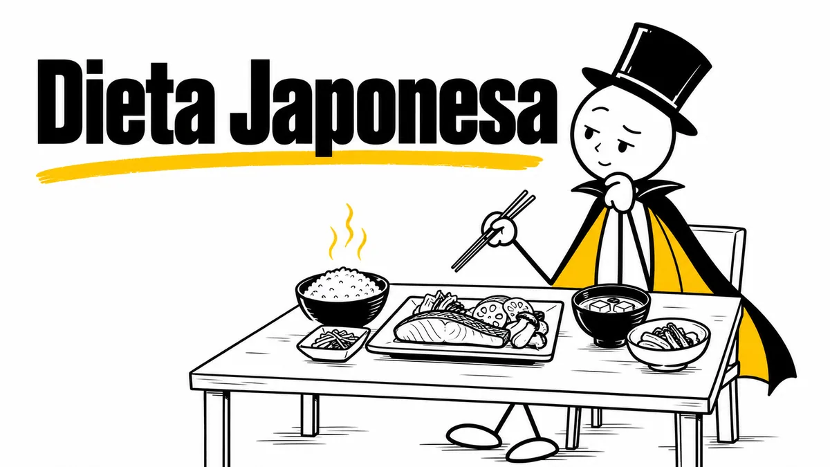 Ilustración sobre «Dieta Japonesa» con el personaje de sombrero de copa y capa.