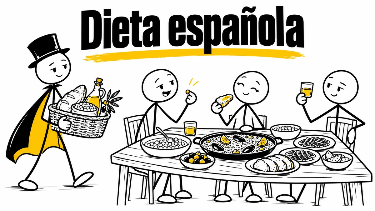 Ilustración sobre «Dieta española» con el personaje de sombrero de copa y capa.