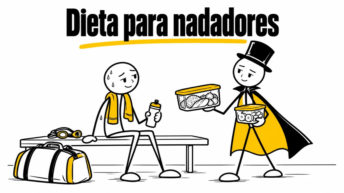 Ilustración sobre «Dieta para nadadores» con el personaje de sombrero de copa y capa.