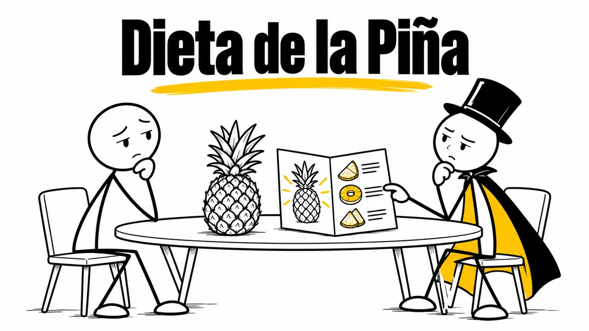 Ilustración sobre «Dieta de la Piña» con el personaje de sombrero de copa y capa.
