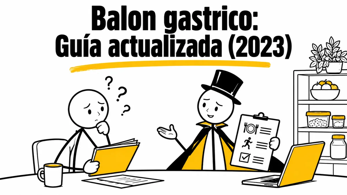 Ilustración sobre «Balon gastrico: Guía actualizada (2023)» con el personaje de sombrero de copa y capa.