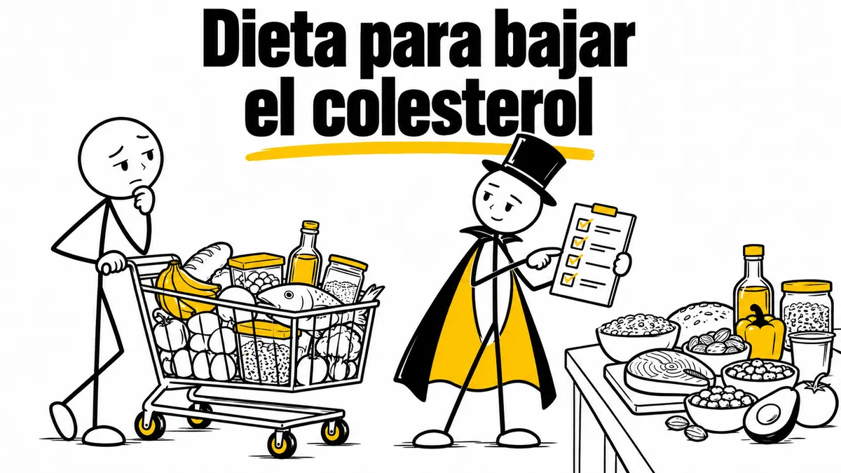 Ilustración sobre «Dieta para bajar el colesterol» con el personaje de sombrero de copa y capa.