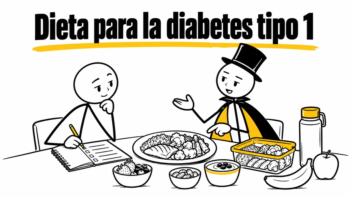 Ilustración sobre «Dieta para la diabetes tipo 1» con el personaje de sombrero de copa y capa.